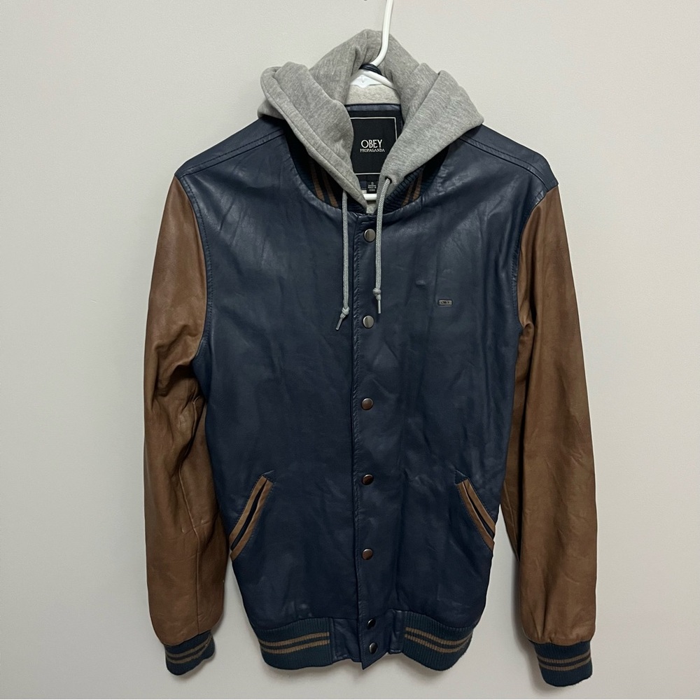Obey Varsity Jacket in Navy and Brown with Gray Hoodie